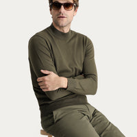 Medium Khaki Half Turtleneck Regular Fit Cotton Knit Sweater