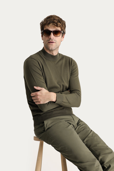 Medium Khaki Half Turtleneck Regular Fit Cotton Knit Sweater