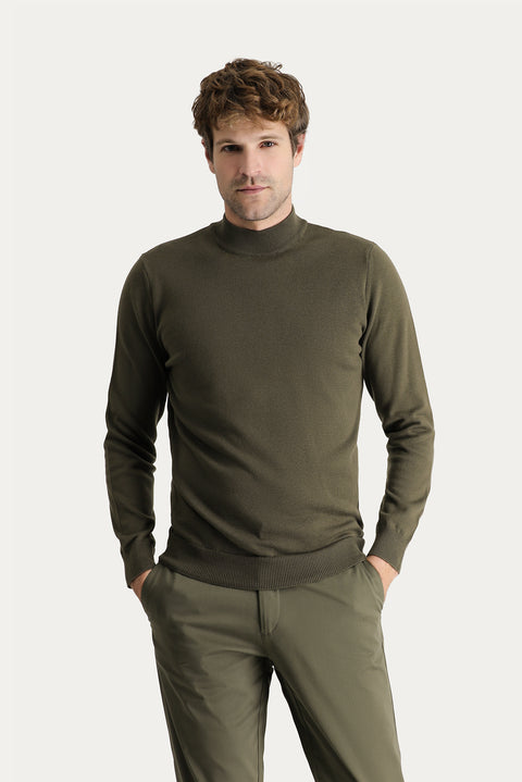 Medium Khaki Half Turtleneck Regular Fit Cotton Knit Sweater