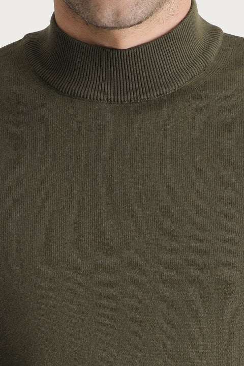 Medium Khaki Half Turtleneck Regular Fit Cotton Knit Sweater