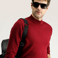 Dark Red Semi-Turtleneck Regular Fit Cotton Knit Sweater