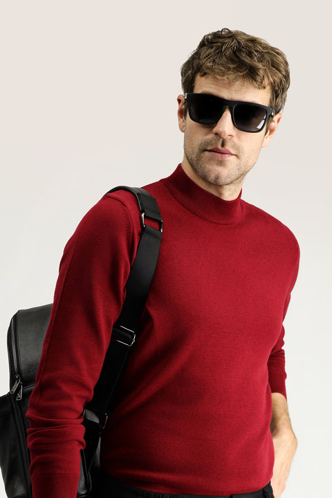 Dark Red Semi-Turtleneck Regular Fit Cotton Knit Sweater