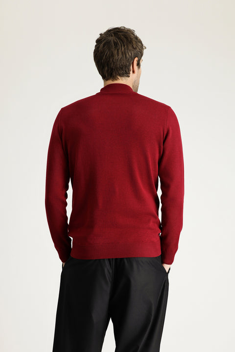 Dark Red Semi-Turtleneck Regular Fit Cotton Knit Sweater