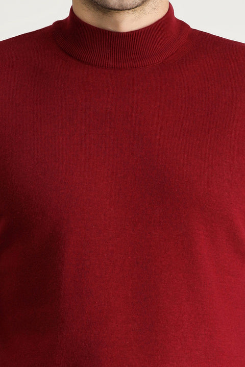 Dark Red Semi-Turtleneck Regular Fit Cotton Knit Sweater