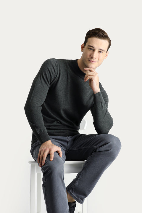 Dark Anthracite Melange Semi-Turtleneck Regular Fit Cotton Knit Sweater