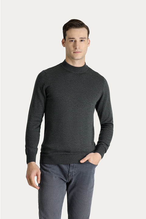 Dark Anthracite Melange Semi-Turtleneck Regular Fit Cotton Knit Sweater