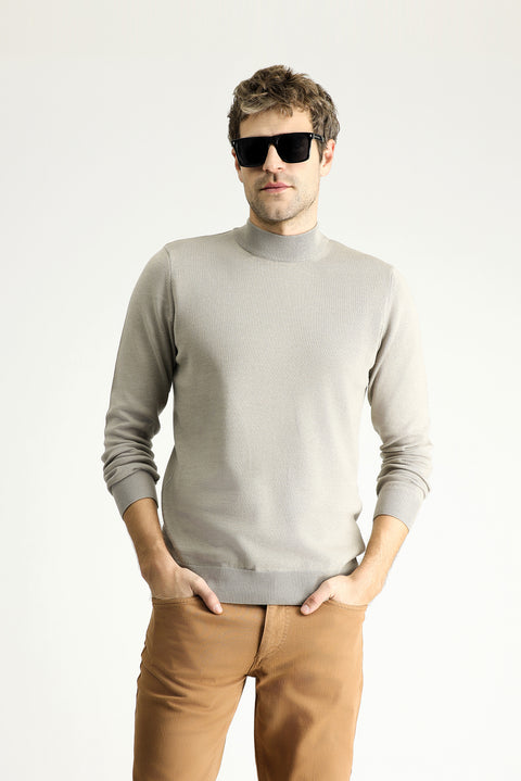 Medium Mink Half Turtleneck Regular Fit Cotton Knit Sweater