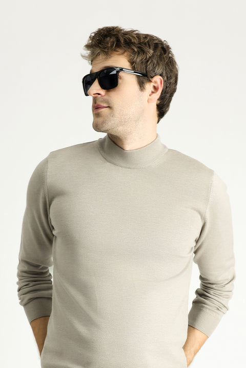 Medium Mink Half Turtleneck Regular Fit Cotton Knit Sweater