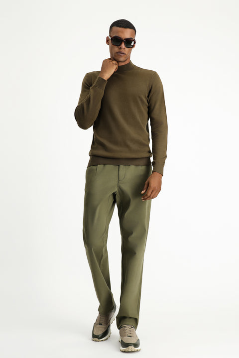 Dark Mink Half Turtleneck Regular Fit Cotton Knit Sweater