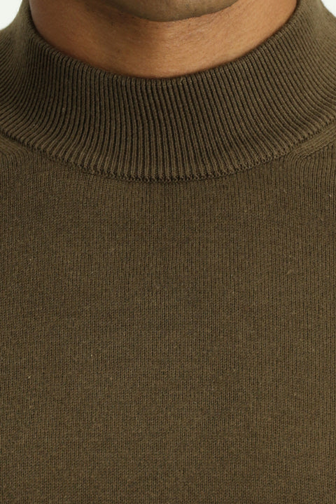 Dark Mink Half Turtleneck Regular Fit Cotton Knit Sweater