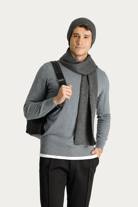 Medium Grey Melange Semi-Turtleneck Slim Fit Narrow Cut Cotton Knit Sweater