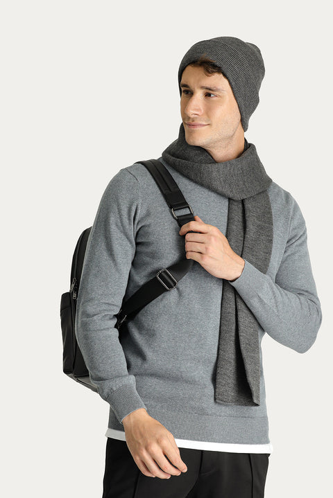 Medium Grey Melange Semi-Turtleneck Slim Fit Narrow Cut Cotton Knit Sweater