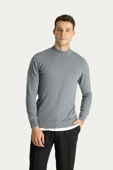 Medium Grey Melange Semi-Turtleneck Slim Fit Narrow Cut Cotton Knit Sweater