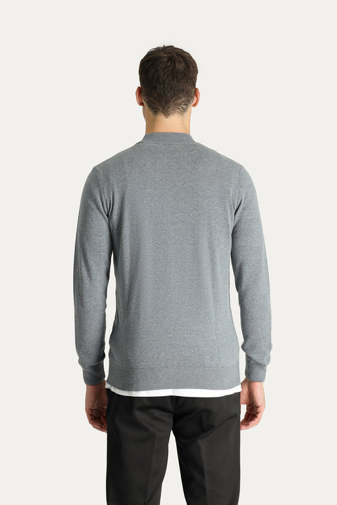 Medium Grey Melange Semi-Turtleneck Slim Fit Narrow Cut Cotton Knit Sweater
