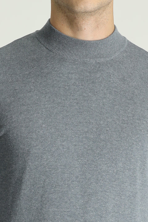 Medium Grey Melange Semi-Turtleneck Slim Fit Narrow Cut Cotton Knit Sweater