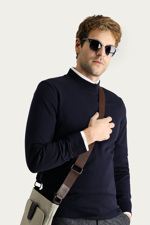 Dark Navy Semi-Turtleneck Slim Fit Narrow Cut Cotton Knit Sweater