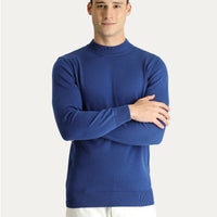Indigo Semi-Turtleneck Slim Fit Narrow Cut Cotton Knit Sweater
