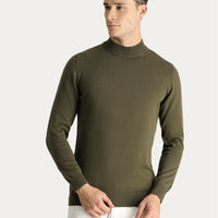Medium Khaki Semi-Turtleneck Slim Fit Narrow Cut Cotton Knit Sweater