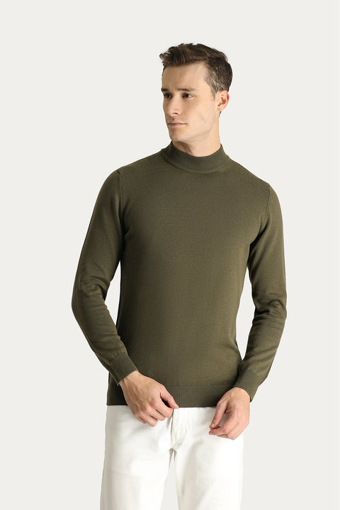 Medium Khaki Semi-Turtleneck Slim Fit Narrow Cut Cotton Knit Sweater