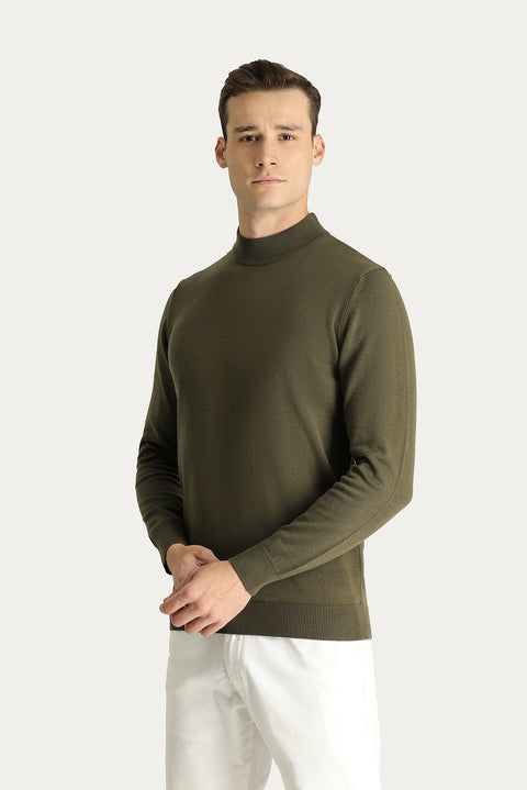 Medium Khaki Semi-Turtleneck Slim Fit Narrow Cut Cotton Knit Sweater