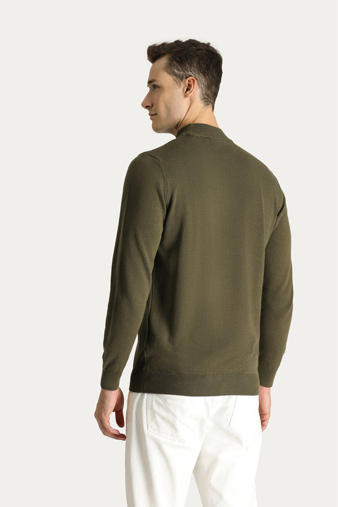 Medium Khaki Semi-Turtleneck Slim Fit Narrow Cut Cotton Knit Sweater