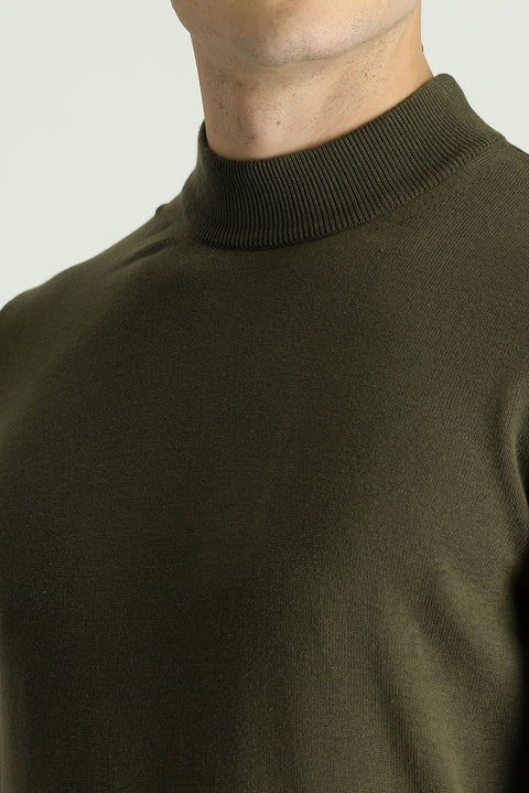 Medium Khaki Semi-Turtleneck Slim Fit Narrow Cut Cotton Knit Sweater