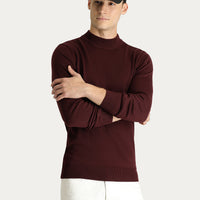 Koyu Bordo Yarım Balıkçı Yaka Slim Fit Dar Kesim Pamuklu Triko Kazak
