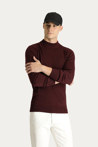  Koyu Bordo Yarım Balıkçı Yaka Slim Fit Dar Kesim Pamuklu Triko Kazak