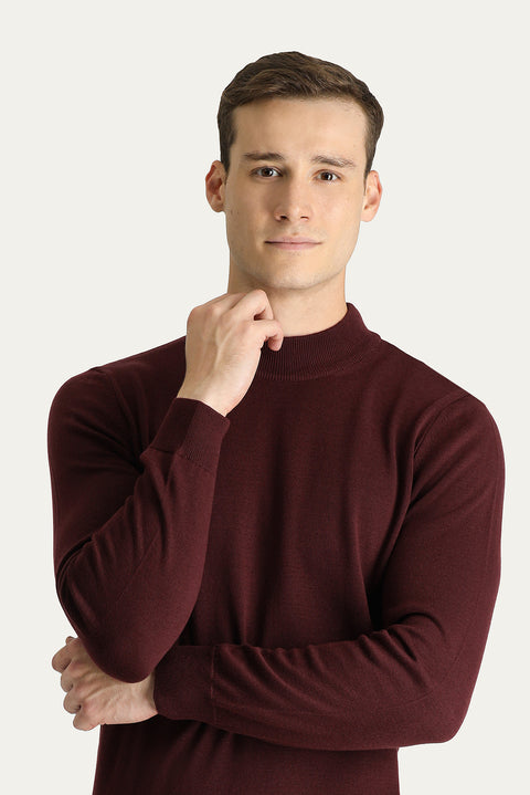 Koyu Bordo Yarım Balıkçı Yaka Slim Fit Dar Kesim Pamuklu Triko Kazak