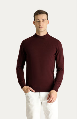  Koyu Bordo Yarım Balıkçı Yaka Slim Fit Dar Kesim Pamuklu Triko Kazak
