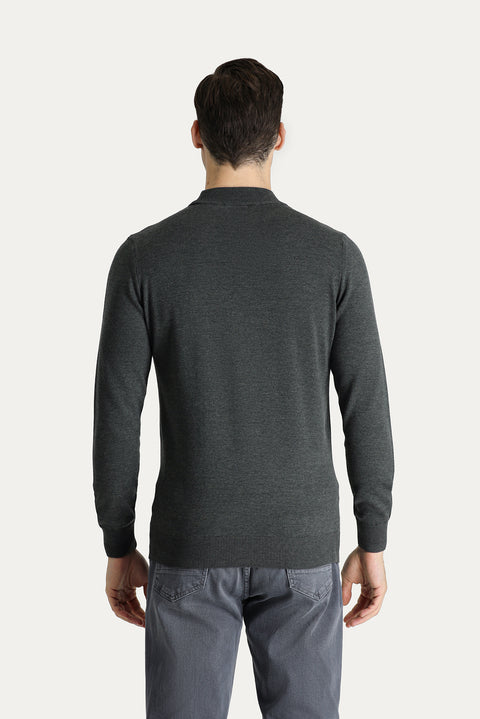 Dark Anthracite Melange Semi-Turtleneck Slim Fit Narrow Cut Cotton Knit Sweater