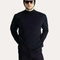 Dark Navy Semi-Turtleneck Slim Fit Narrow Cut Cotton Knit Sweater