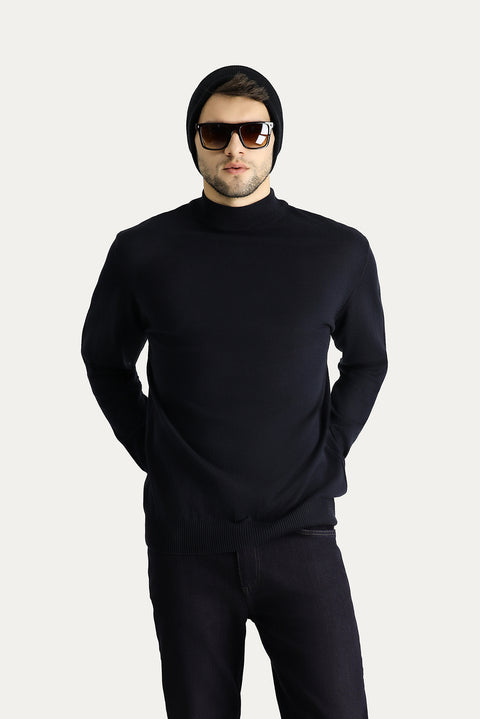 Dark Navy Semi-Turtleneck Slim Fit Narrow Cut Cotton Knit Sweater