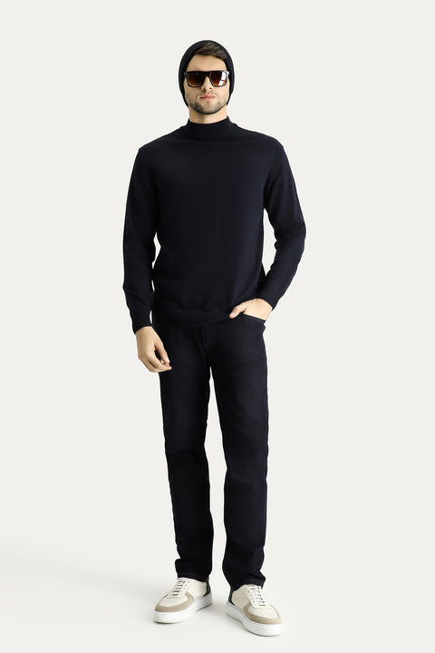 Dark Navy Semi-Turtleneck Slim Fit Narrow Cut Cotton Knit Sweater