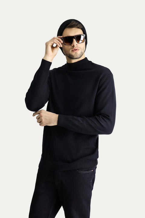 Dark Navy Semi-Turtleneck Slim Fit Narrow Cut Cotton Knit Sweater