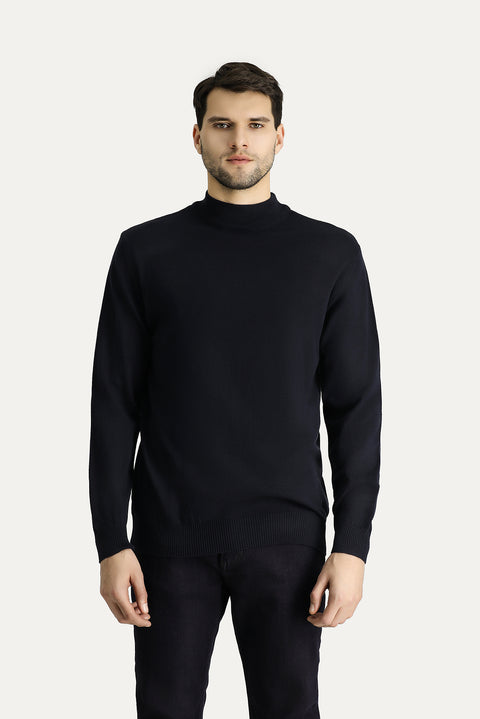 Dark Navy Semi-Turtleneck Slim Fit Narrow Cut Cotton Knit Sweater