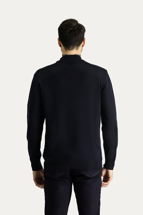 Dark Navy Semi-Turtleneck Slim Fit Narrow Cut Cotton Knit Sweater