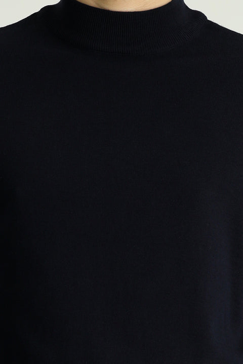 Dark Navy Semi-Turtleneck Slim Fit Narrow Cut Cotton Knit Sweater