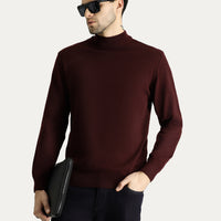 Dark Burgundy Semi-Turtleneck Slim Fit Narrow Cut Cotton Knit Sweater
