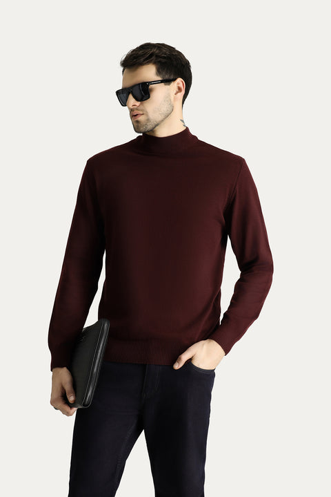 Dark Burgundy Semi-Turtleneck Slim Fit Narrow Cut Cotton Knit Sweater