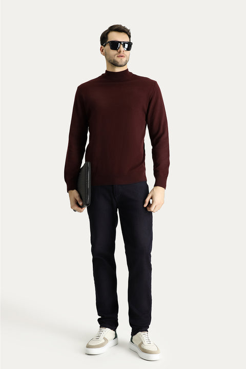 Dark Burgundy Semi-Turtleneck Slim Fit Narrow Cut Cotton Knit Sweater