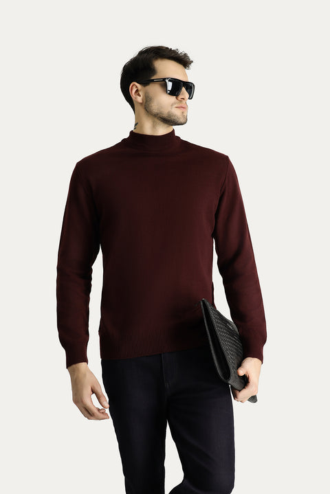 Dark Burgundy Semi-Turtleneck Slim Fit Narrow Cut Cotton Knit Sweater