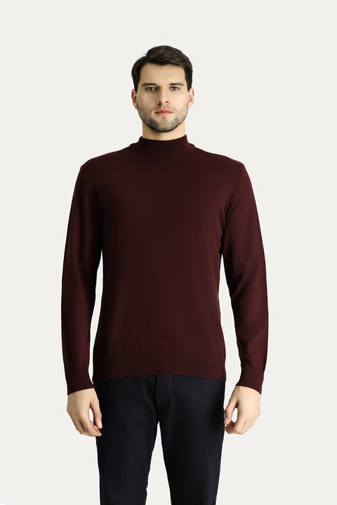 Dark Burgundy Semi-Turtleneck Slim Fit Narrow Cut Cotton Knit Sweater