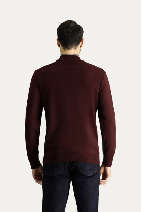 Dark Burgundy Semi-Turtleneck Slim Fit Narrow Cut Cotton Knit Sweater