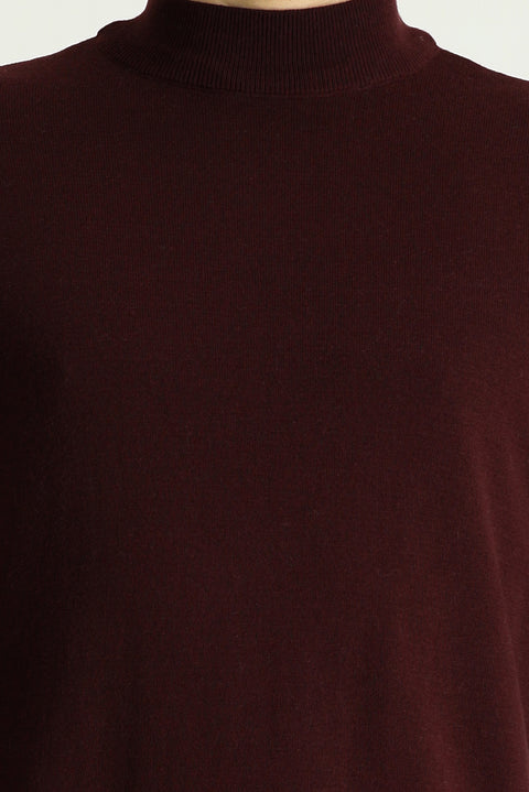 Dark Burgundy Semi-Turtleneck Slim Fit Narrow Cut Cotton Knit Sweater