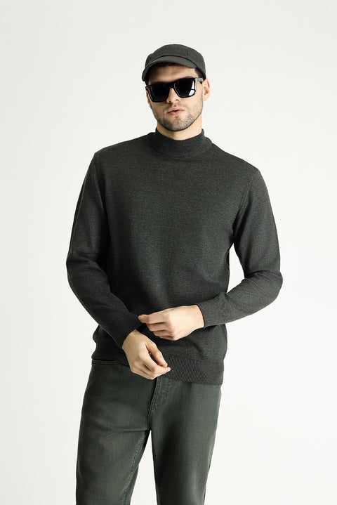 Koyu Antrasit Yarım Balıkçı Yaka Slim Fit Dar Kesim Pamuklu Triko Kazak