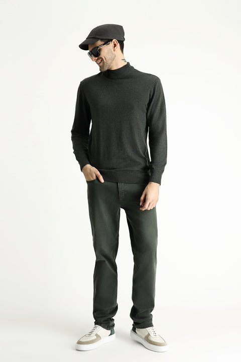 Koyu Antrasit Yarım Balıkçı Yaka Slim Fit Dar Kesim Pamuklu Triko Kazak