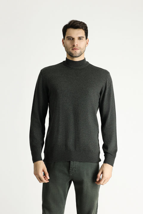 Koyu Antrasit Yarım Balıkçı Yaka Slim Fit Dar Kesim Pamuklu Triko Kazak