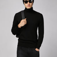 Black Turtleneck Regular Fit Cotton Knit Sweater