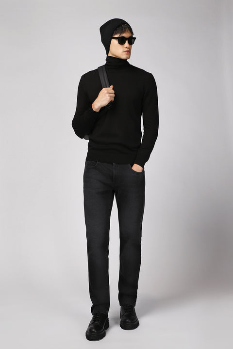 Black Turtleneck Regular Fit Cotton Knit Sweater